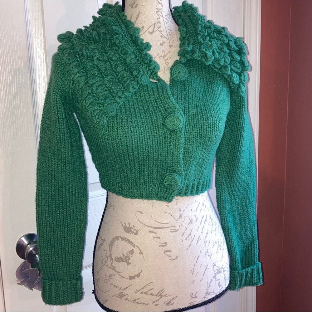 Betsey Johnson Chunky Knit Crop Cardigan Collared Covered Buttons Green sz Small